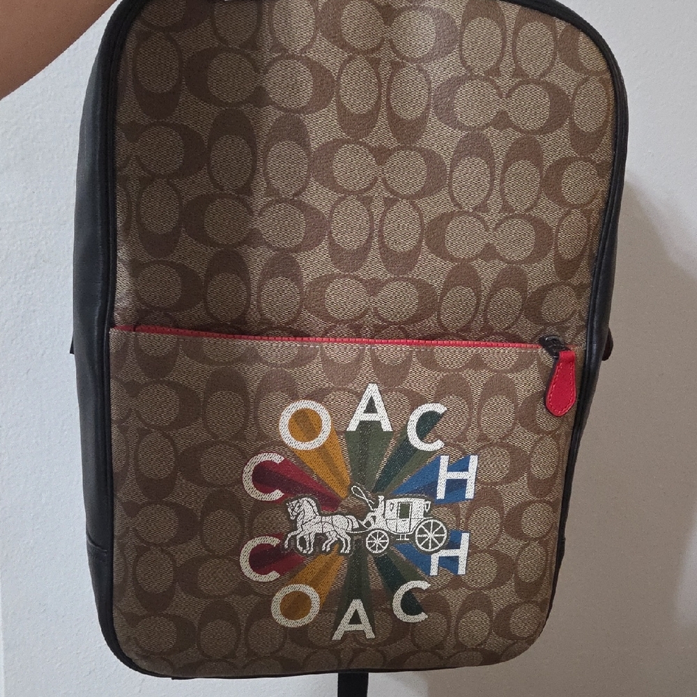 Coach Brown Signature Canvas Backpack with Multicolor Logo and Red Trim